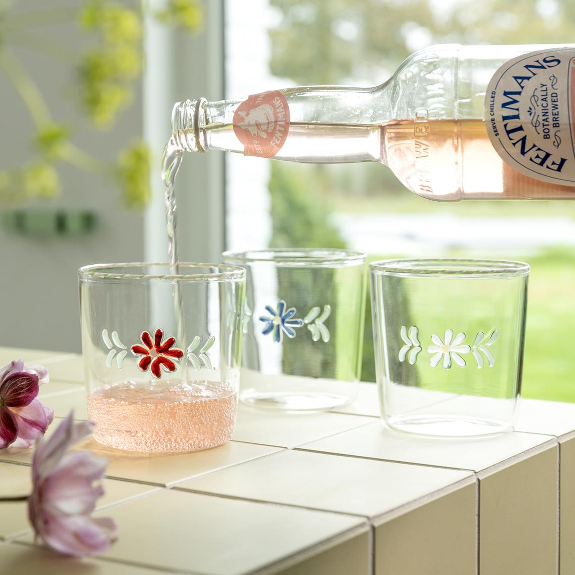 Glass flora blue set of 2